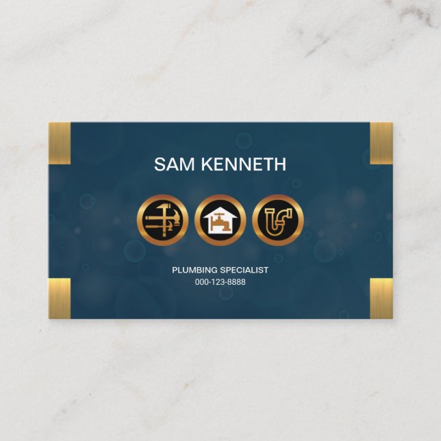 Blue Bubbles Grunge Faux Gold Plumber Icons Business Card (Front)
