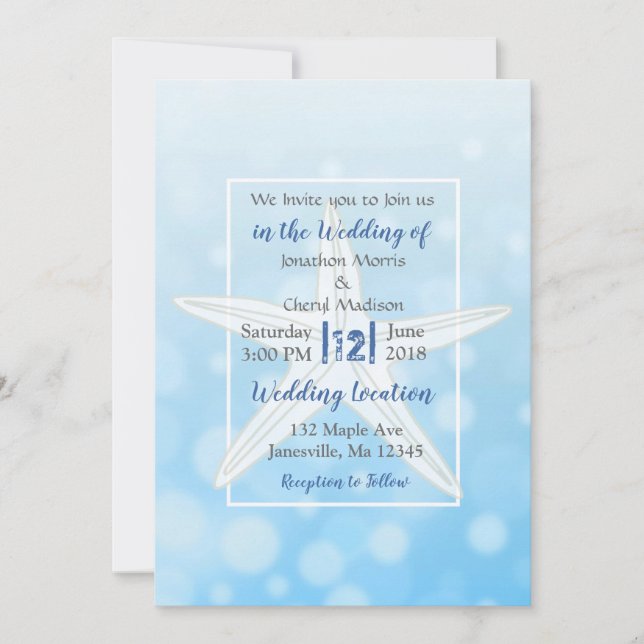Blue Bubbles Starfish Plage Mariage Invitations (Devant)