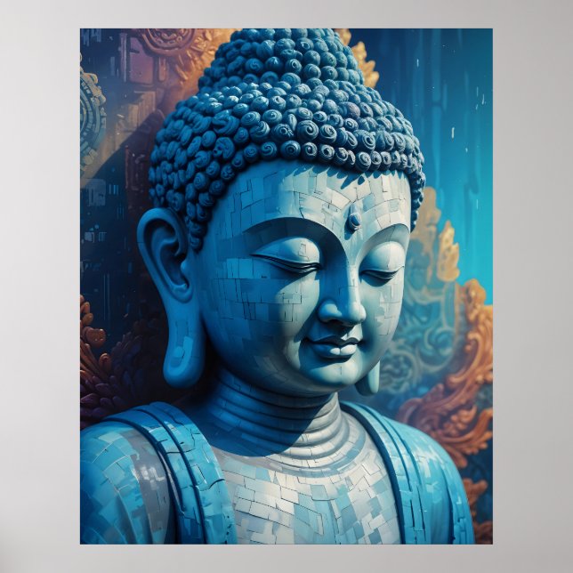 Blue Buddha Abstract Pixel Art Poster (Front)