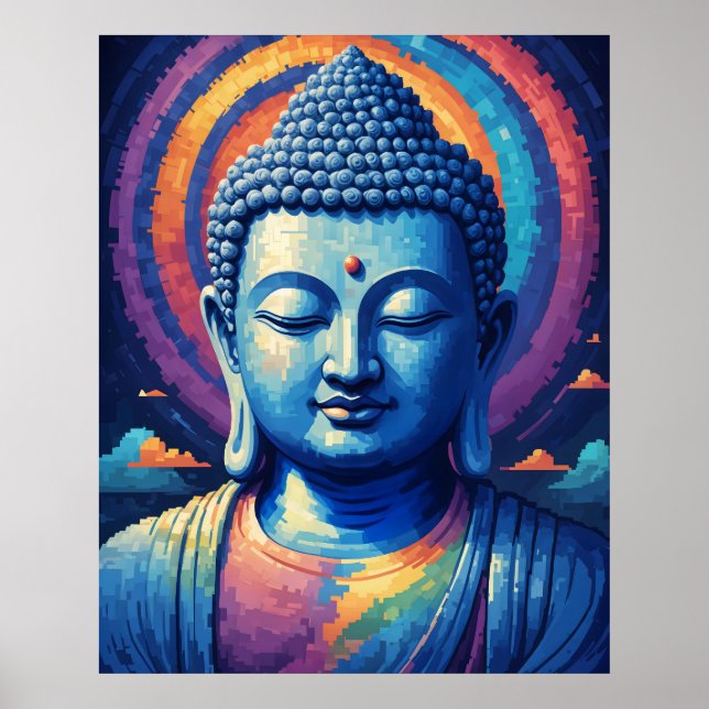  Blue Buddha Multi-Colour Modern Pixel Art Poster (Front)