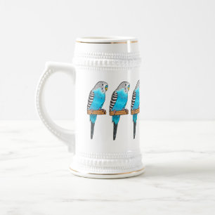 Blue budgerigar bird cartoon illustration beer stein