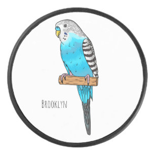 Blue budgerigar bird cartoon illustration hockey puck