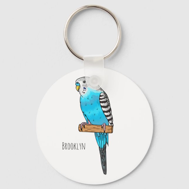 Blue budgerigar bird cartoon illustration  keychain (Front)