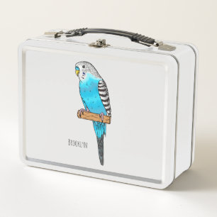 Blue budgerigar bird cartoon illustration metal lunch box