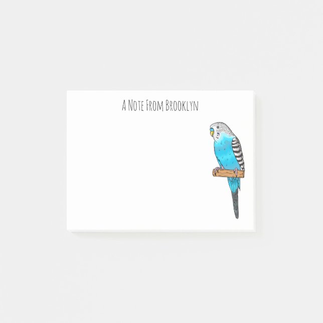 Blue budgerigar bird cartoon illustration post-it notes (Front)