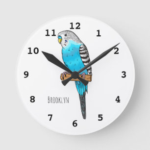 Blue budgerigar bird cartoon illustration round clock