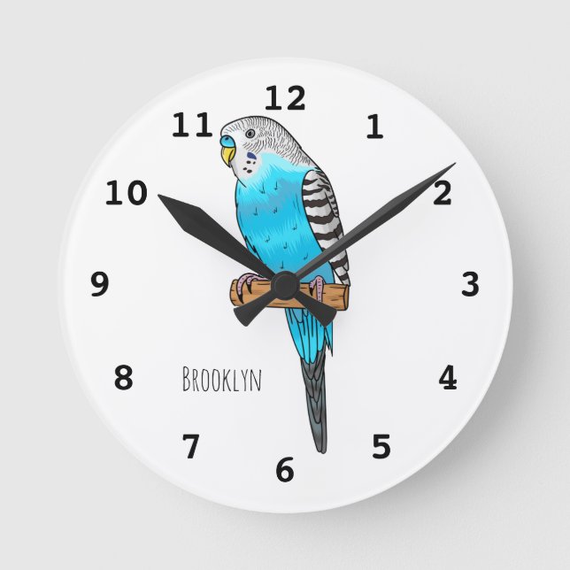 Blue budgerigar bird cartoon illustration round clock (Front)