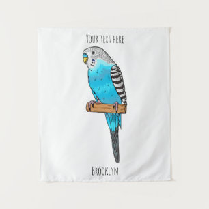 Blue budgerigar bird cartoon illustration tapestry