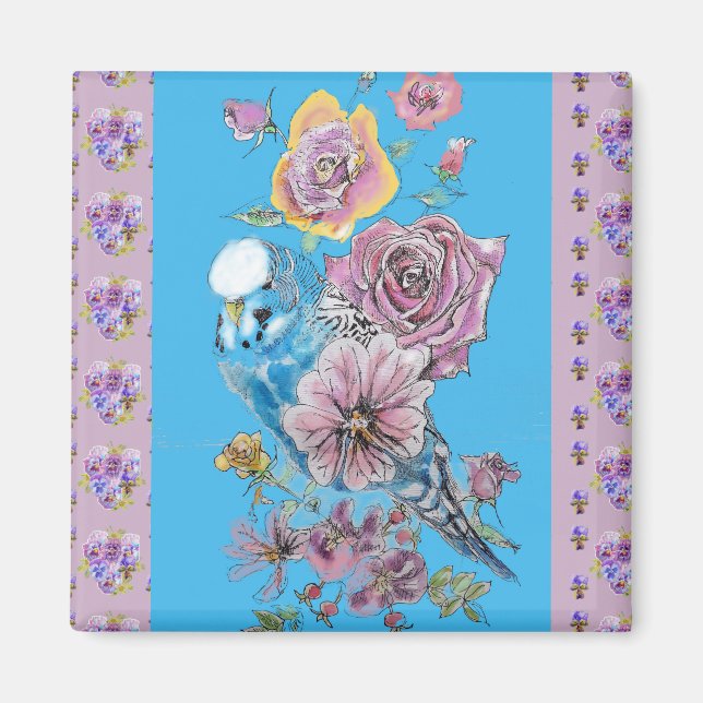 Blue Budgie Aquarelle florale Dames Magnet (Devant)