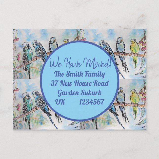 Blue Budgie Art New Address Postcard We Are Moving (Front)