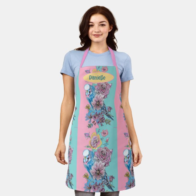 Blue Budgie Bird Rose Floral Pink Aqua Budgerigar Apron (Worn)