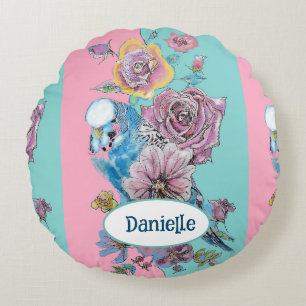 Blue Budgie Bird Rose Floral Pink Aqua Girls Name Round Pillow