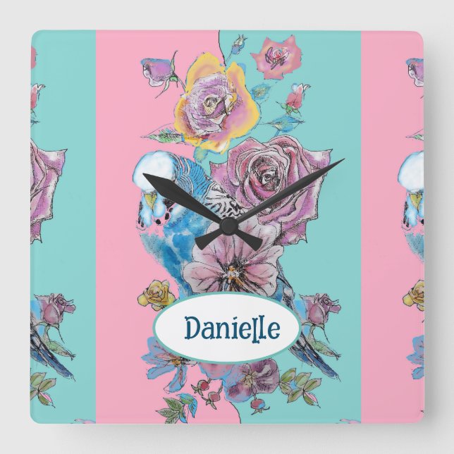 Blue Budgie Bird Rose Floral Pink Aqua Girls Name Square Wall Clock (Front)