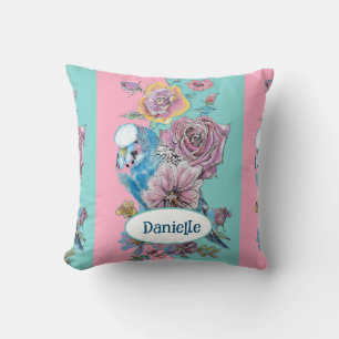 Blue Budgie Bird Rose Floral Pink Aqua Girls Name Throw Pillow