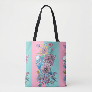 Blue Budgie Bird Rose Floral Pink Aqua Girls Name Tote Bag