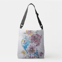 Blue Budgie Birds & Rose Watercolor Crossbody Bag