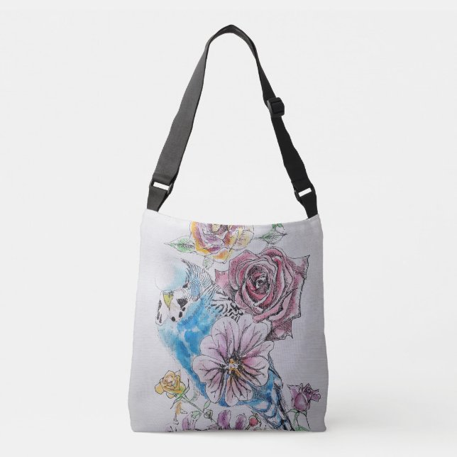 Blue Budgie Birds & Rose Watercolor Crossbody Bag (Front)