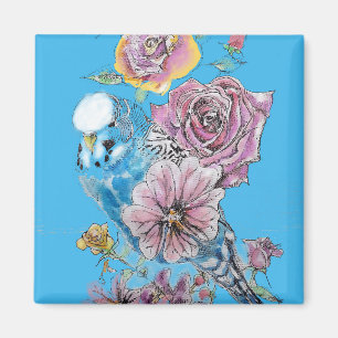 Blue Budgie Budgerigar Rose Watercolor floral art Magnet