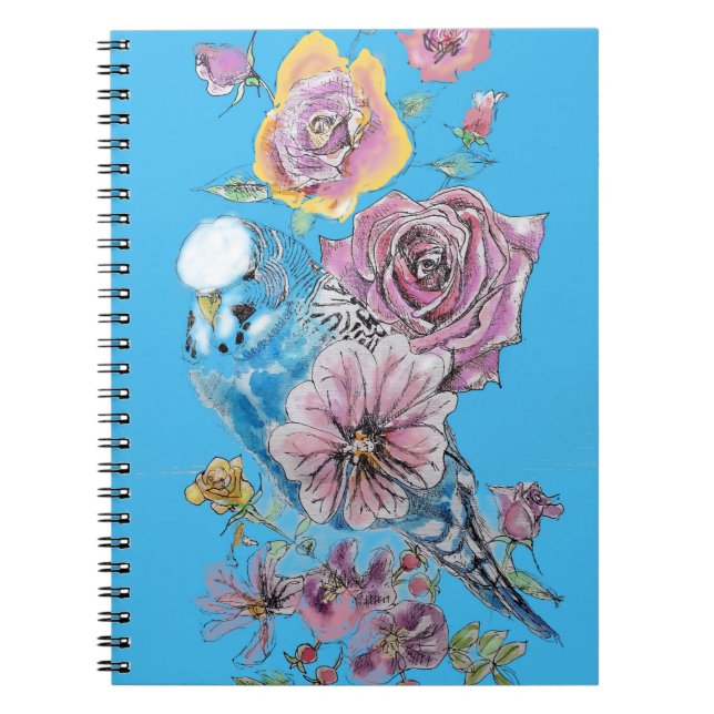 Blue Budgie Budgerigar Rose Watercolor floral art Notebook (Front)