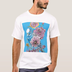 Blue Budgie Budgerigar Rose Watercolor floral art T-Shirt