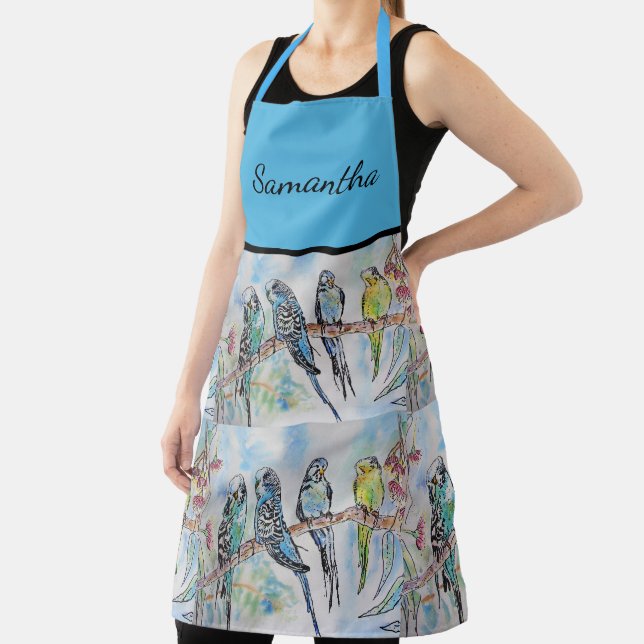 Blue Budgie Budgies Art Watercolor Birds Apron (Insitu)