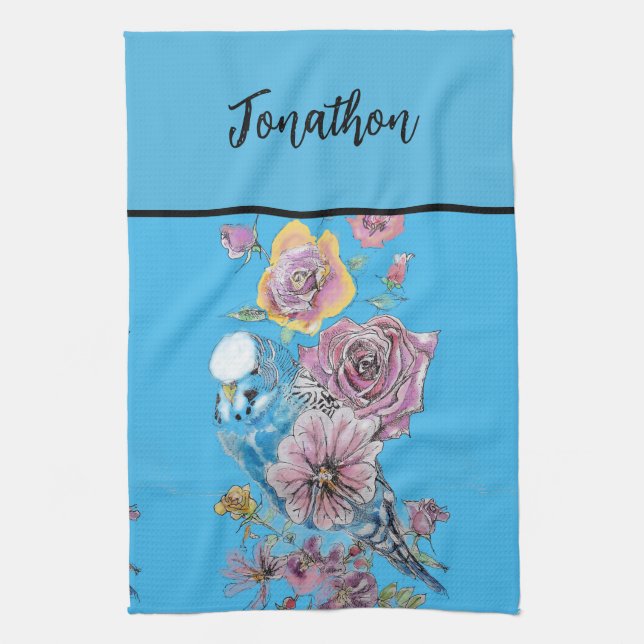 Blue Budgie Budgies Art Watercolor Birds Apron Kitchen Towel (Vertical)