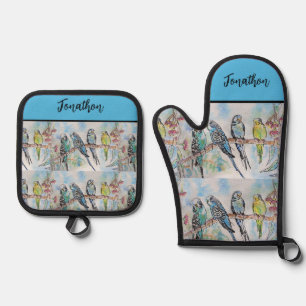 Blue Budgie Budgies Art Watercolor Birds Oven Mitt & Pot Holder Set