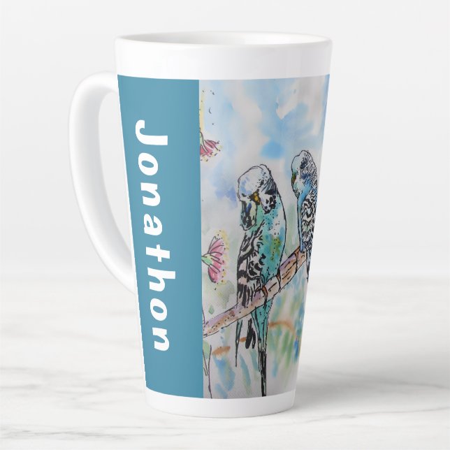 Blue Budgie Budgies Parrots Husbands Mens Name Latte Mug (Left Angle)