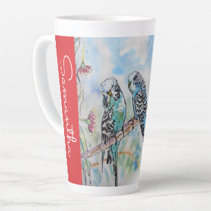 Blue Budgie Budgies Parrots Watercolor Womans Name Latte Mug