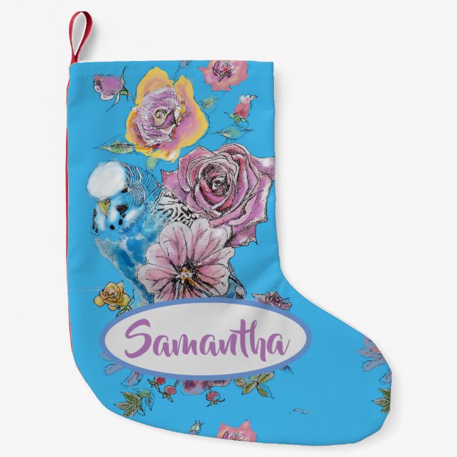 Blue Budgie Budgies Rose Floral Christmas Stocking (Front)