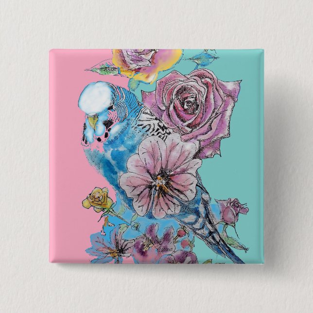 Blue Budgie Budgies Rose Flower floral Key Ring 2 Inch Square Button (Front)