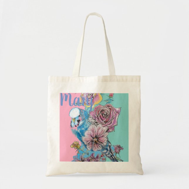 Blue Budgie Budgies Rose Flower floral Tote Bag (Front)