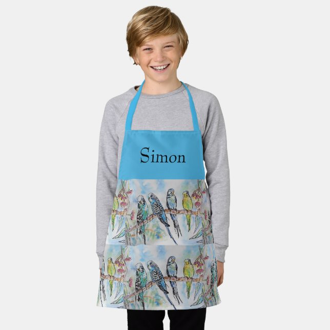 Blue Budgie Budgies Watercolor art Boys Kids Apron (Worn)