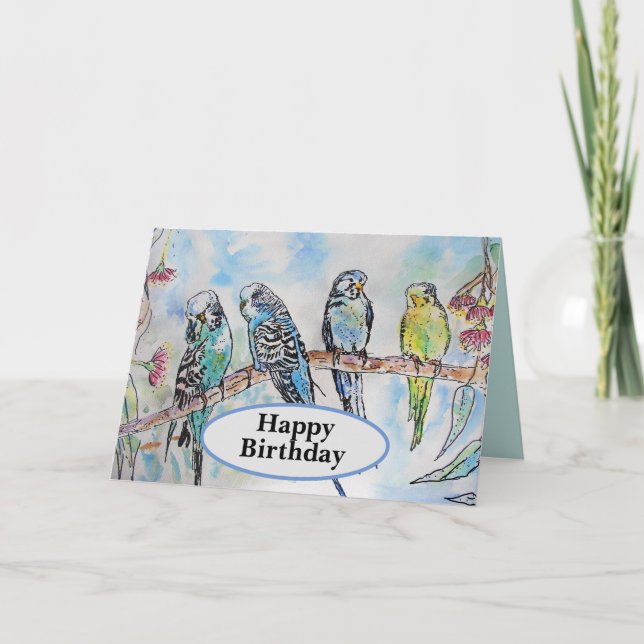 Blue Budgie Budgies Watercolor Parrot Bird Card (Front)