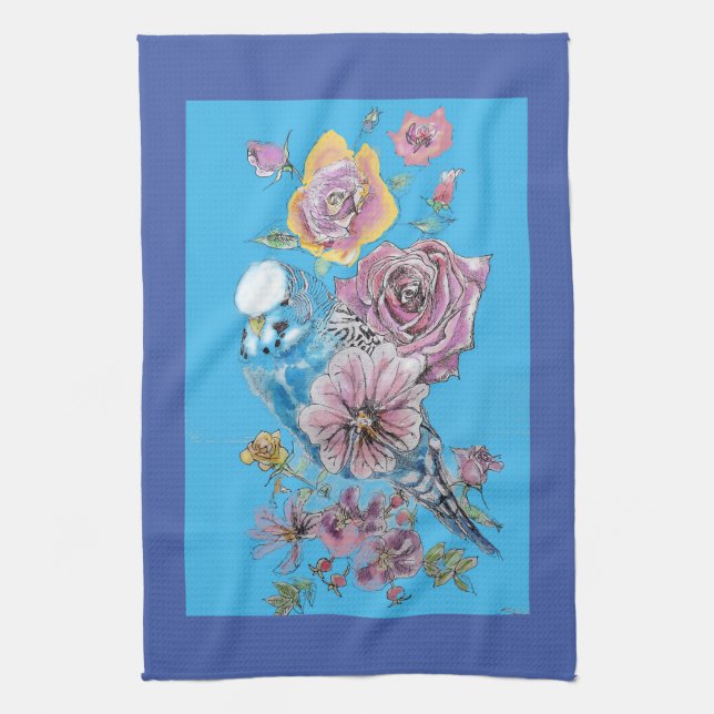 Blue Budgie Cute Whimsical Navy Blue floral Tea Kitchen Towel (Vertical)