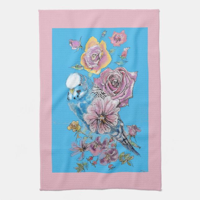 Blue Budgie Cute Whimsical Pink Blue floral Kitchen Towel (Vertical)