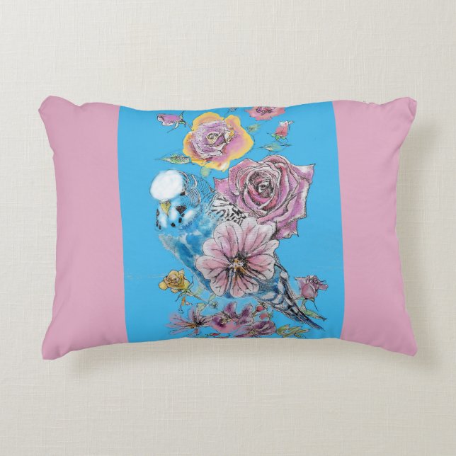 Blue Budgie Cute Whimsical Pink Blue Girls Baby Accent Pillow (Front)