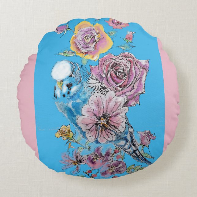 Blue Budgie Cute Whimsical Pink Blue Girls Baby Round Pillow (Front)