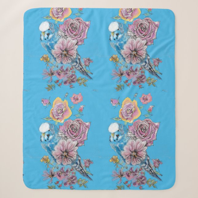 Blue Budgie Cute Whimsical Pink Blue Girls  Sherpa Blanket (Front)