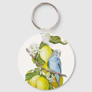 Blue Budgie in Lemon Tree Watercolor Botanical Art Keychain