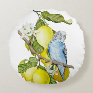 Blue Budgie in Lemon Tree Watercolor Botanical Art Round Pillow