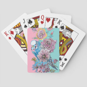 Blue Budgie Red Rose Flower Playing Aqua Cards Set