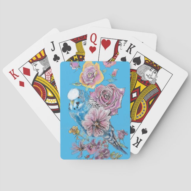 Blue Budgie Red Rose Flower Playing Blue Cards Set (Back)