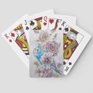 Blue Budgie & Red Rose Flower Playing Cards Set