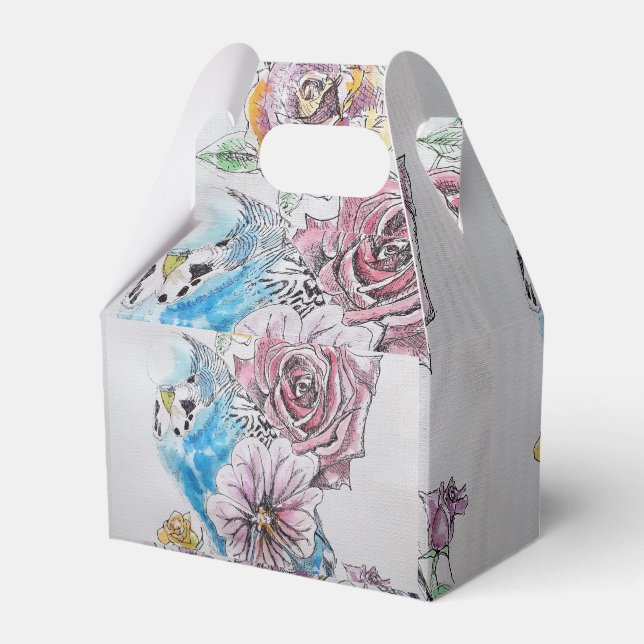 Blue Budgie & Rose Floral Party Cake Favor Box (Front Side)