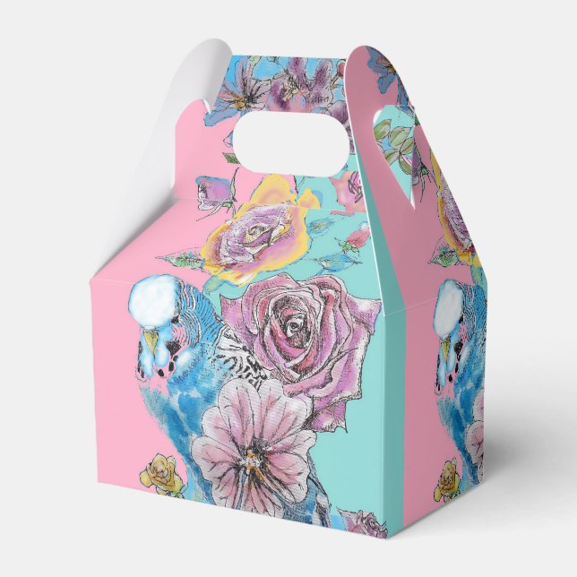 Blue Budgie & Rose Floral Party Cake Favor Box (Front Side)