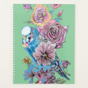Blue Budgie Rose Watercolor Green Bird Planner