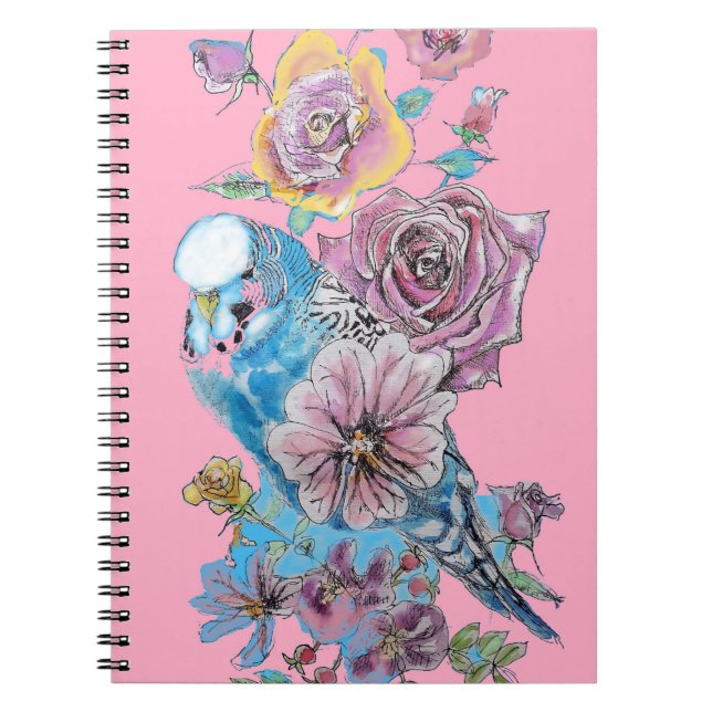 Blue Budgie Rose Watercolor Pink Bird Notebook (Front)
