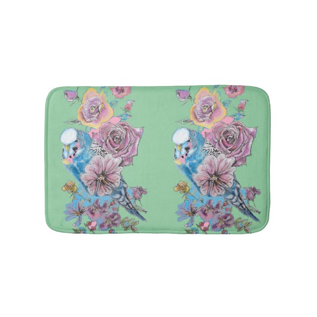Blue Budgie & Roses Art floral flowers green Bath Mat (Front)