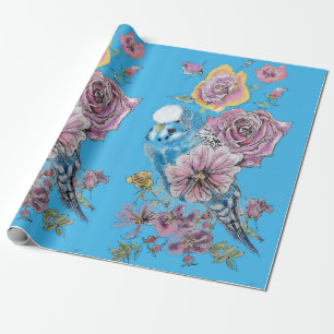 Blue Budgie Roses art flowers Watercolor Wrapping Paper
